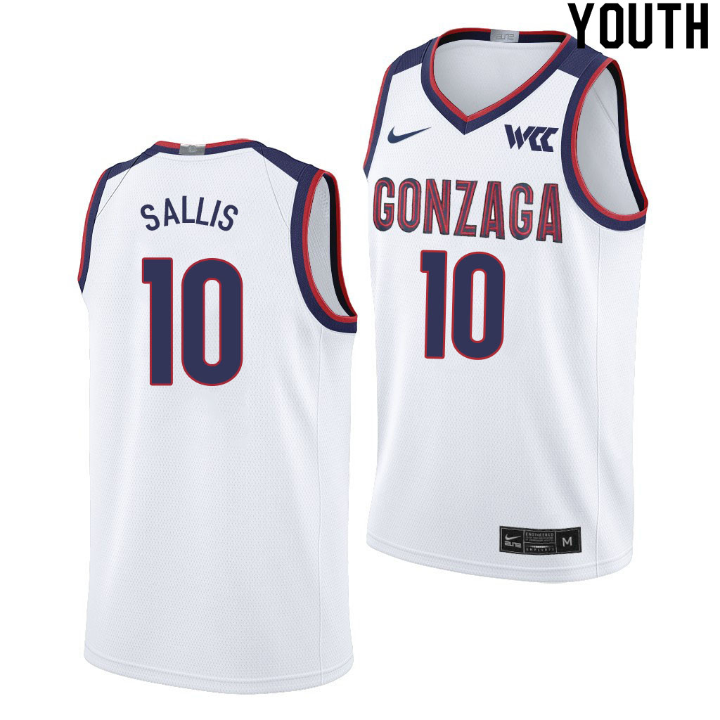 Youth #10 Hunter Sallis Gonzaga Bulldogs College Basketball Jerseys Sale-White - Click Image to Close